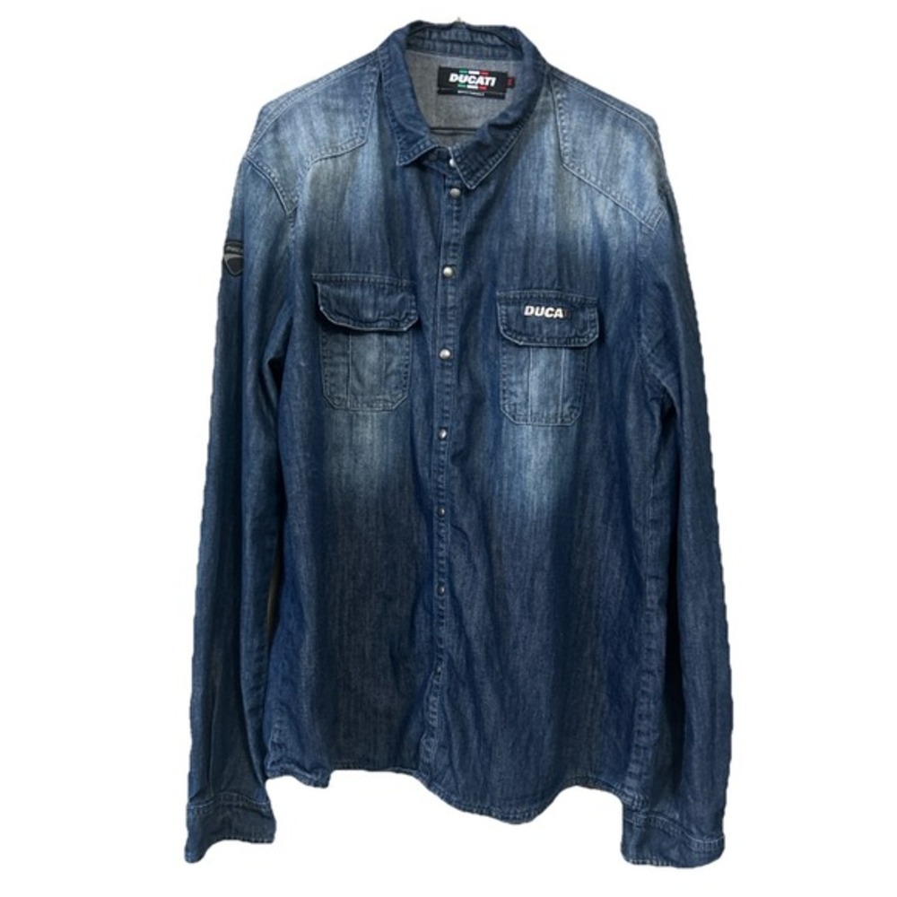 Ducati Washed Denim Slim Button Down Casual‎ Shirt Metal Chest Emblem Men's 2XL